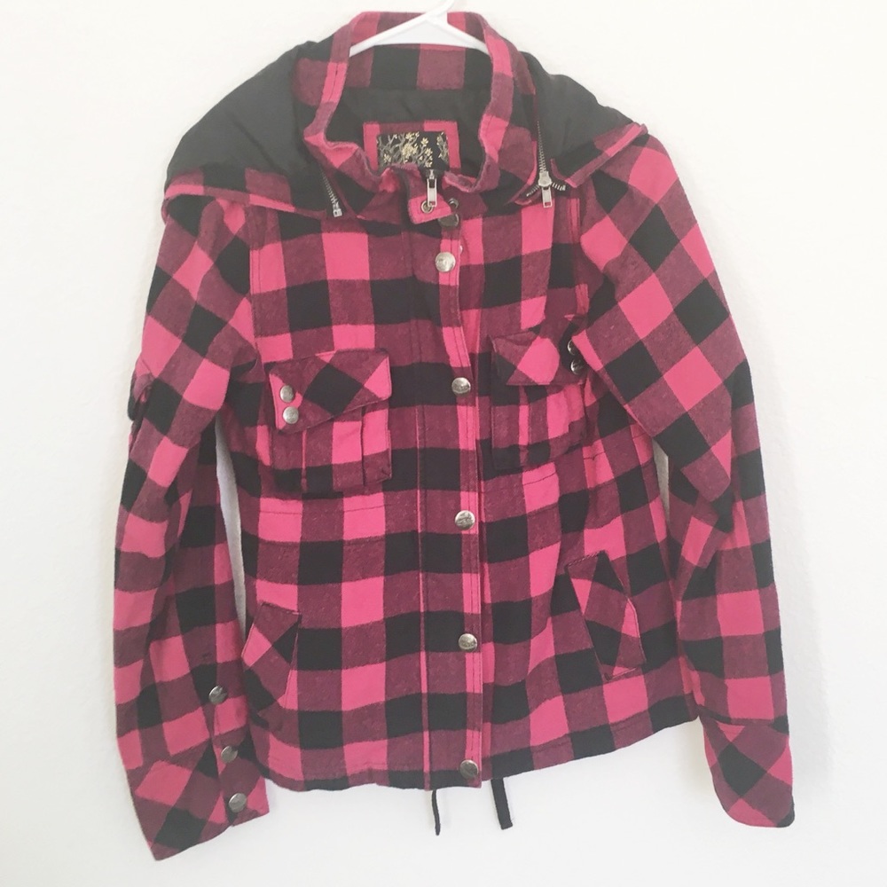 O’Neill Pink Black Plaid Jacket w Detachable Hood